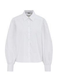 White button-up shirt made of smooth fabric, featuring a pointed collar, puffed long sleeves, and buttoned cuffs. No patterns or accents.