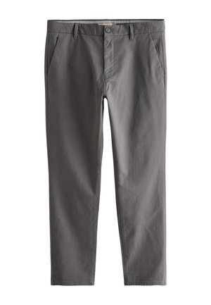 Pantaloni gri din amestec de bumbac, cu închidere cu nasture, bucle pentru curea, buzunare frontale, croială adaptată și textura netedă.