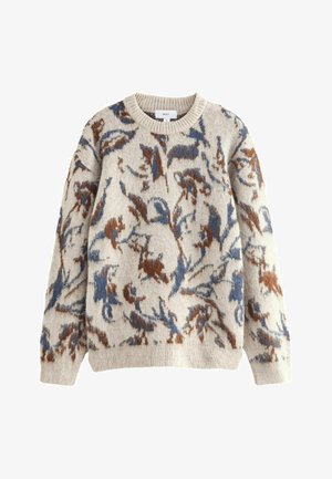 Cremfarbener Pullover mit einem abstrakten floralem Muster in Blau und Braun, ribbelt einem Rundhalskragen und langen Ärmeln. Weicher Textur.