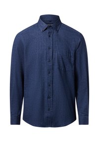Navyblauwe langemouwen shirt van een gestructureerde stof met een button-down kraag, een borstzak en zwarte knopen langs de sluiting.