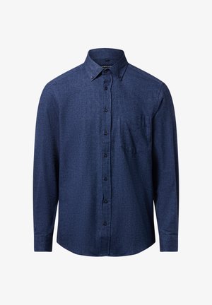 Navyblauwe langemouwen shirt van een gestructureerde stof met een button-down kraag, een borstzak en zwarte knopen langs de sluiting.