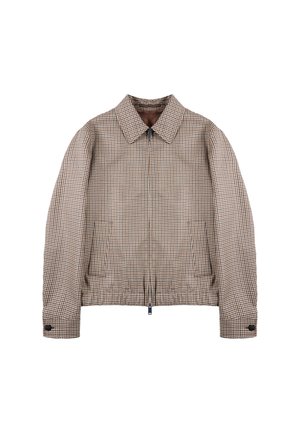 Braun- und cremefarbener kariierter Jacke mit Reißverschluss vorne, Kragen, elastischem Bund und geknöpften Manschetten; glatte Textiloberfläche.