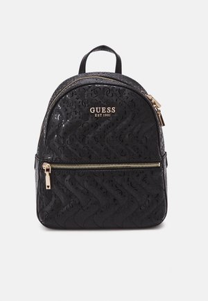 Black backpack with quilted texture, gold hardware, and logo detail. Features a main zipper compartment and front pocket with zipper.