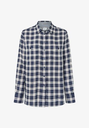 Chemise en flanelle à carreaux bleu marine, blanc et rouge. Manches longues, fermeture à boutons, deux poches poitrine et un logo subtil en bas.