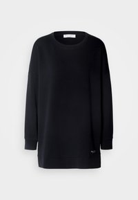 Sweat-shirt noir à manches longues avec col rond, poignets et ourlet côtelés, présenté sur un fond clair.