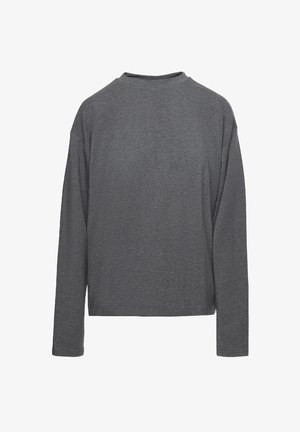 Pikkade varrukatega hall T-särk, mis on valmistatud pehmest kangast, omab ümmargust kaelust, vabamat lõiget ja minimaalset õmblusdetaili äärisel.