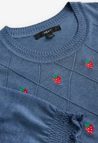 Suéter de punto azul con cuello redondo, que presenta fresas rojas bordadas y un patrón de diamantes. Textura suave con acentos de canalé.