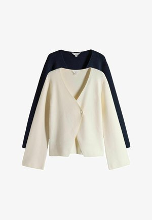 Two long-sleeve cardigans, one cream and one navy. Both have a deep V-neck and a wrap design with a button closure at the front.