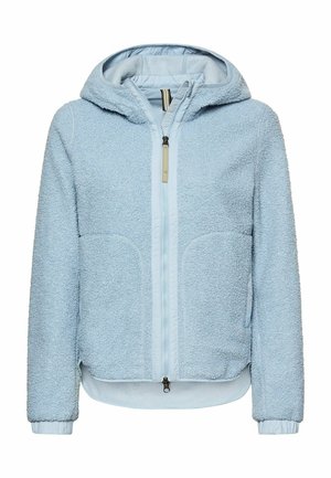 Light blue hooded fleece jacket with front zipper, two side pockets, and elastic cuffs, designed for warmth and comfort.