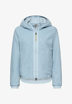 Hellblauer Fleece-Kapuzenjacke mit Frontreißverschluss, zwei Seitentaschen und elastischen Bündchen, entworfen für Wärme und Komfort.