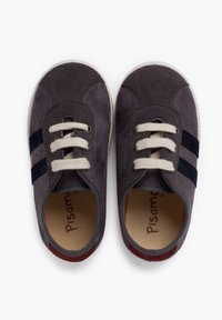 Scarpe in suede grigio con suole in gomma bianca, dotate di lacci crema e due righe navy. Textura liscia con design della punta rotonda.