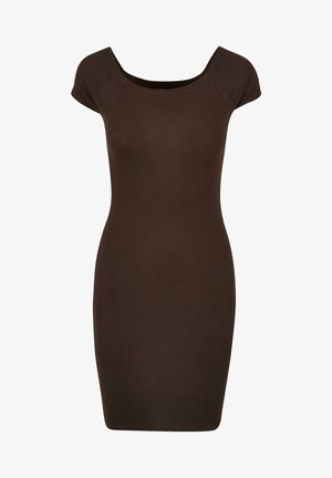 Hnedé vystužené bodycon šaty s krátkymi rukávmi a výstrihom do písmena U, navrhnuté pre priliehavú siluetu. Hladká textúra po celom obvode.