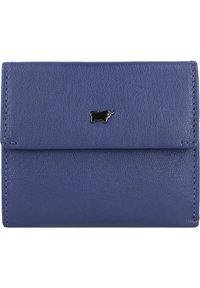 Billetera de cuero en azul oscuro con un acabado texturizado, que presenta un emblema de toro de metal negro y un diseño plegado para un fácil acceso.