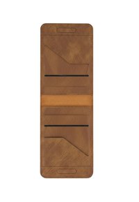 Brown leather wallet with a textured surface, featuring multiple card slots and a central compartment for cash or cards.