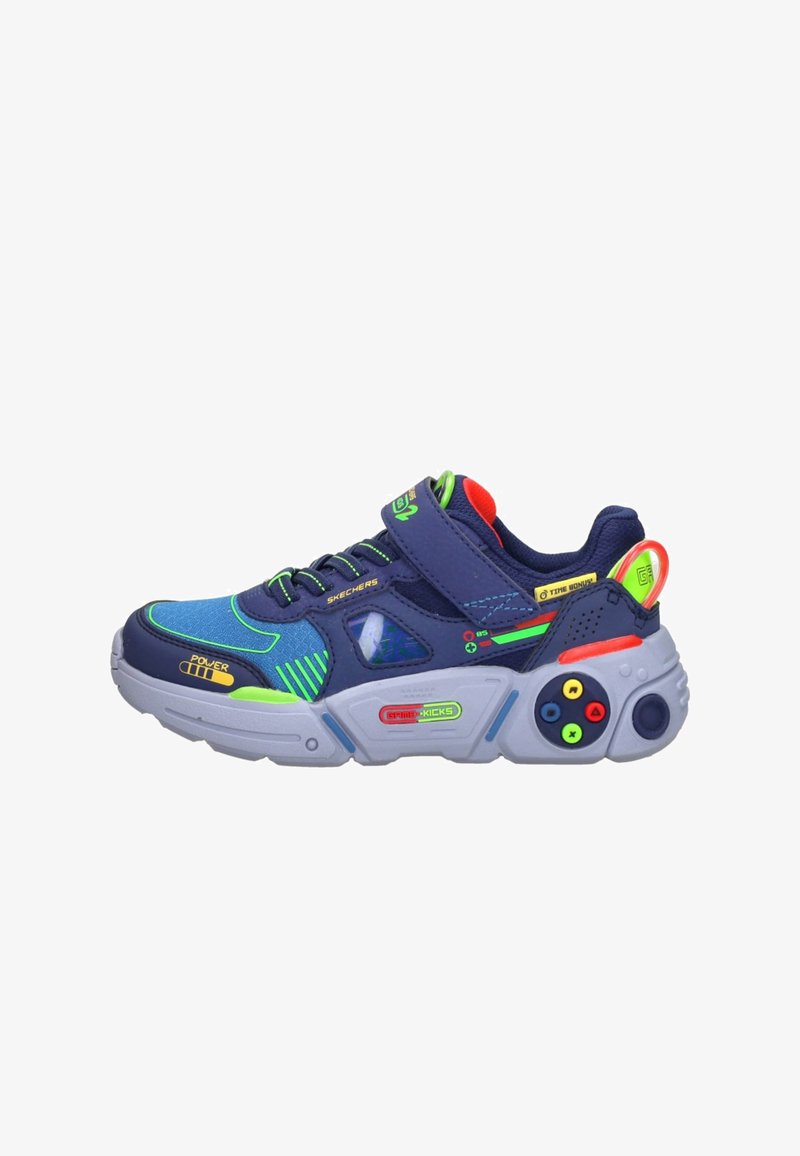 Child’s blue and neon green sneaker with gray sole, Velcro strap, and game-controller button design on the heel.