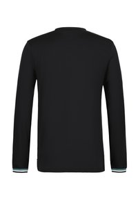Langärmliges schwarzes Shirt mit Rundhalsausschnitt, einfarbigem Design und kontrastierenden gestreiften Akzenten an den Armbündchen.