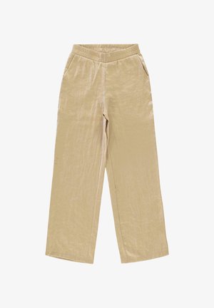 Beige, brede broekspijpen gemaakt van een gestructureerde stof. Voorzien van een elastische tailleband en zijzakken voor extra functionaliteit.