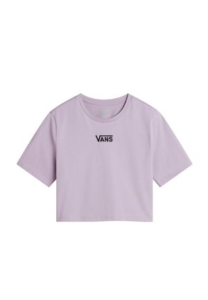 Lilac cropped t-shirt made of cotton, featuring short sleeves and a round neckline. The front displays a black "VANS" logo.