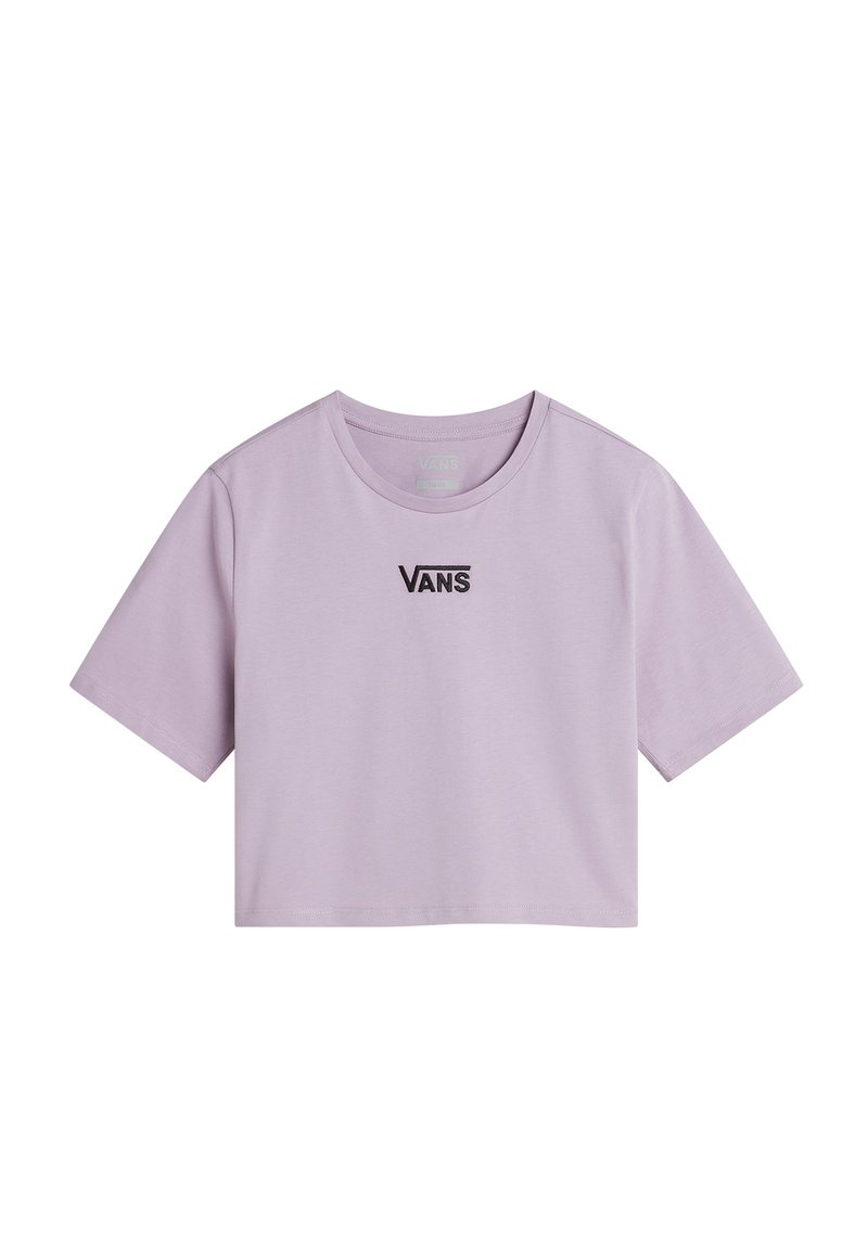 Lilla cropped t-shirt lavet af bomuld, med korte ærmer og rund halsudskæring. På forsiden vises et sort "VANS" logo.