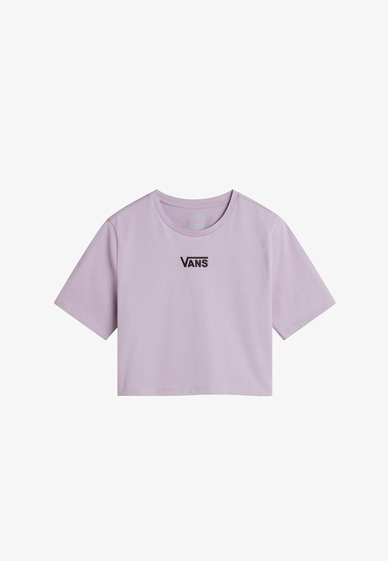 Lila Crop-Top aus Baumwolle mit kurzen Ärmeln und rundem Halsausschnitt. Auf der Vorderseite ist ein schwarzes "VANS"-Logo zu sehen.