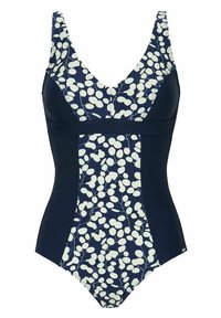 En enstycke baddräkt i marineblått med vitt bladmönster. Har en djup V-halsringning, breda axelremmar och ett mjukt tyg med en figurnära design.