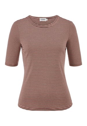 Kurzärmeliges, tailliertes T-Shirt mit dünnen rosa und dunkelbraunen horizontalen Streifen und rundem Ausschnitt.