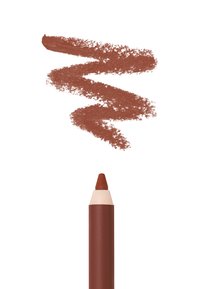 Brun leppeblyant med spiss tupp og en beige ende. En matchende brun leppeliner er trukket over i et bølgete mønster, som indikerer nyansen.