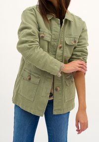 Person wearing an olive green buttoned jacket over a beige sweater and blue jeans, adjusting the rolled-up sleeve on a white background.