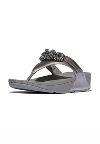 Metalen grijze teenslipper met een parelaccent, gestructureerde banden en een gevoerde sleehak voor comfort. Strak ontwerp en duurzaam materiaal.