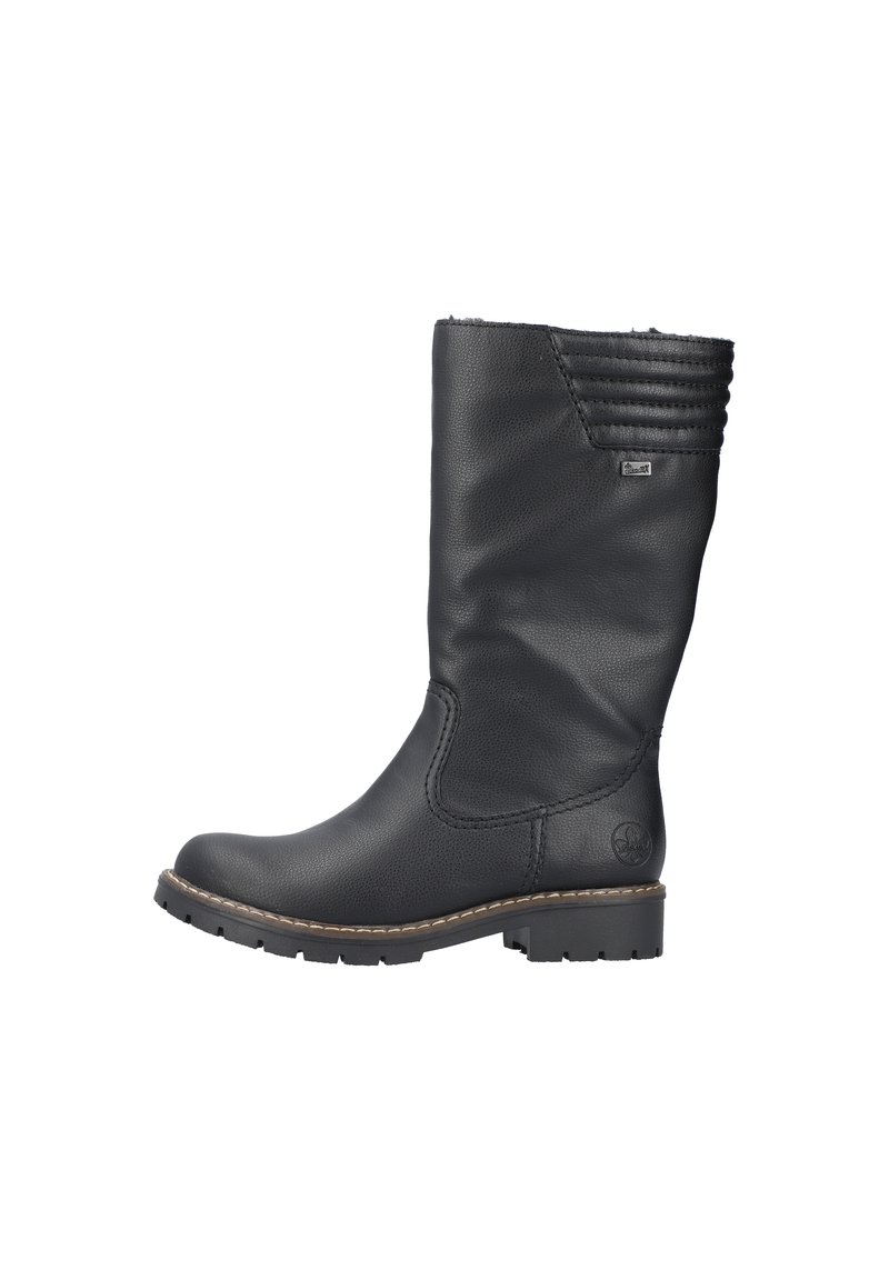 Black leather knee-high boot with a textured side panel, stitched detailing, and a low rubber sole. Features a small brand emblem.