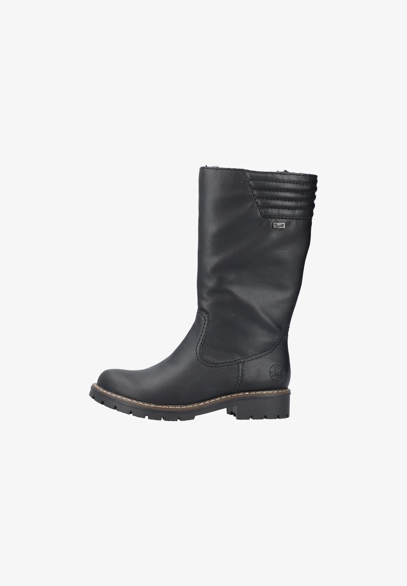 Botte noire en cuir, haute jusqu'au genou, avec un panneau latéral texturé, des détails cousus et une semelle en caoutchouc basse. Présente un petit emblème de marque.