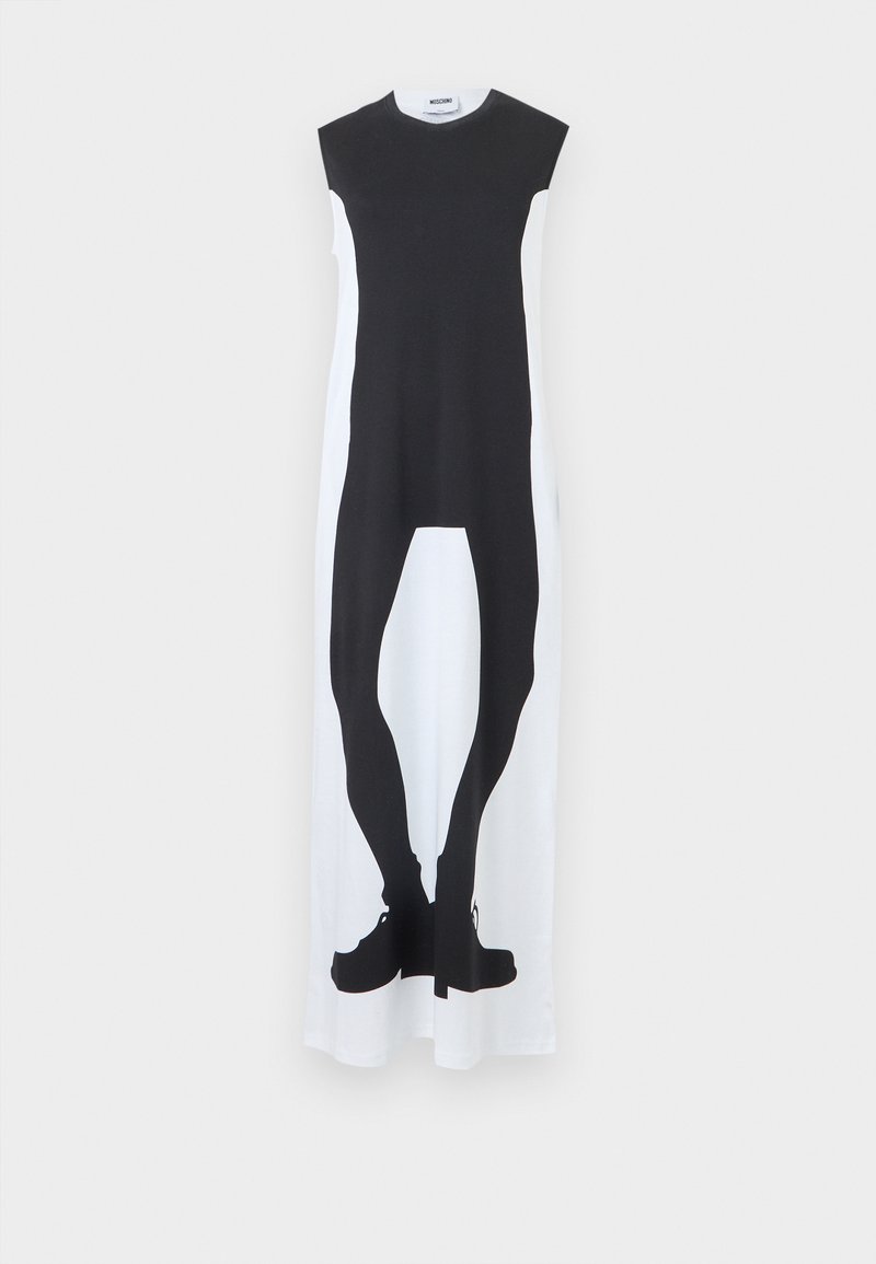 Robe longue noire et blanche sans manches avec une impression graphique de jambes en collants noirs et chaussures noires sur le devant.