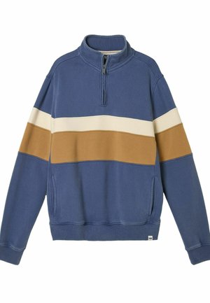 Blaues Fleece-Sweatshirt mit Viertel-Reißverschluss, ausgestattet mit horizontalen Streifen in Creme und Braun. Verfügt über Seitentaschen und gerippte Bündchen.