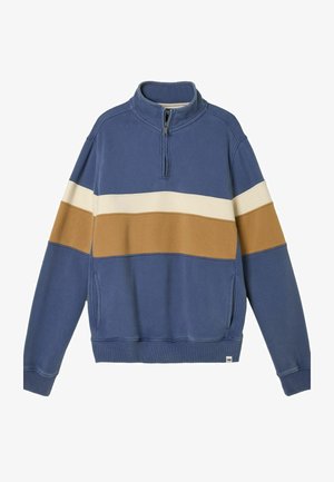 Hanorac albastru din fleece cu fermoar scurt, cu dungi orizontale în crem și maro. Include buzunare laterale și manșete riburate.