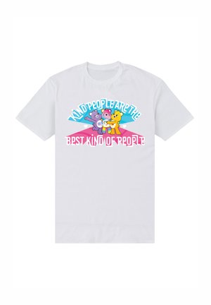 Weißes Baumwoll-T-Shirt mit bunten Cartoon-Bärenfiguren und dem Text "Freundliche Menschen sind die besten Menschen" in fetter Schrift.
