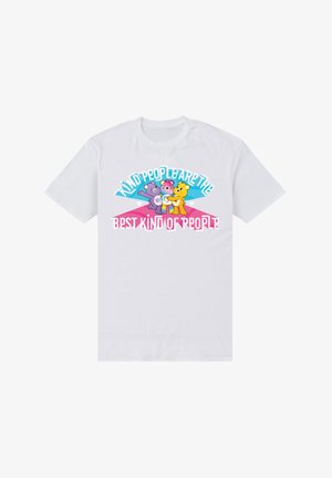 Weißes Baumwoll-T-Shirt mit bunten Cartoon-Bärenfiguren und dem Text "Freundliche Menschen sind die besten Menschen" in fetter Schrift.