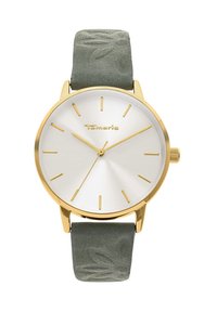 Goldfarbene Uhr mit rundem Gehäuse und weißem Zifferblatt; goldene Stundenmarkierungen und Zeiger; strukturiertes grünes Wildlederarmband mit Blattmuster.