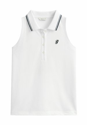 Polo blanc sans manches avec double bandes noires sur le col, la patte de boutonnage, et petit logo "G" noir brodé sur la poitrine gauche.