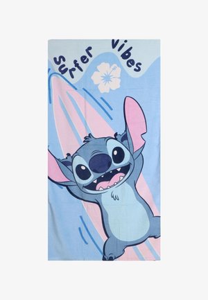 Alien bleu de dessin animé avec de grandes oreilles souriant sur une planche de surf pastel rose et bleue avec le texte "Ambiance surfeur" et une fleur d'hibiscus blanche.