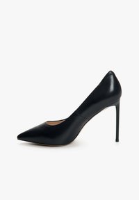 Zwarte leren hoge hakken met een spitse neus, slank ontwerp, gladde textuur en een stilettohak. Geen zichtbare patronen of hardwaredetails.