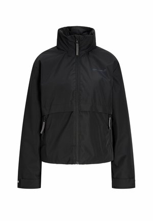Veste noire à col montant, avec une fermeture éclair sur le devant, des manches longues et deux poches zippées, sur fond blanc.