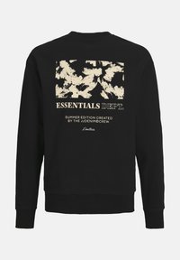 Black sweatshirt featuring a textured ivory graphic with floral patterns. Text reads "ESSENTIALS DEPT." and "SUMMER EDITION." Regular fit.