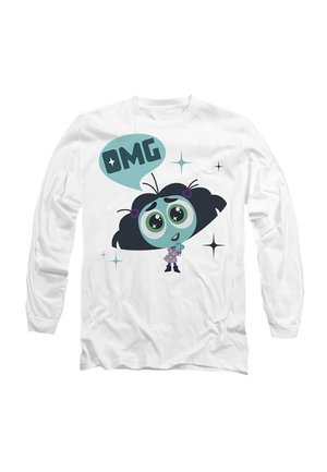 White long-sleeve shirt featuring a cartoon character with large eyes and black hair, saying "OMG" in a speech bubble, with star accents.