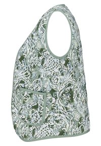 Gilet di tessuto trapuntato verde con motivi floreali blu. Presenta un colletto arrotondato e una tasca anteriore con bordo a contrasto.