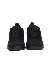 Pair of black lace-up athletic shoes with knit fabric and cushioned soles, shown from the front on a white background.