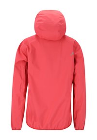 Lättvikts regnjacka med huva i livligt rosa. Slät tyg med en något glansig yta; har en rundad nederkant och elastiska ärmslut.