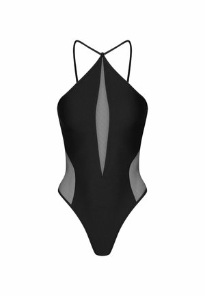 Czarny jednoczęściowy kostium kąpielowy z wysokim wycięciem, przezroczystymi bocznymi panelami, cienkimi regulowanymi ramiączkami oraz głębokim dekoltem w kształcie litery V z przodu. Gładka faktura.