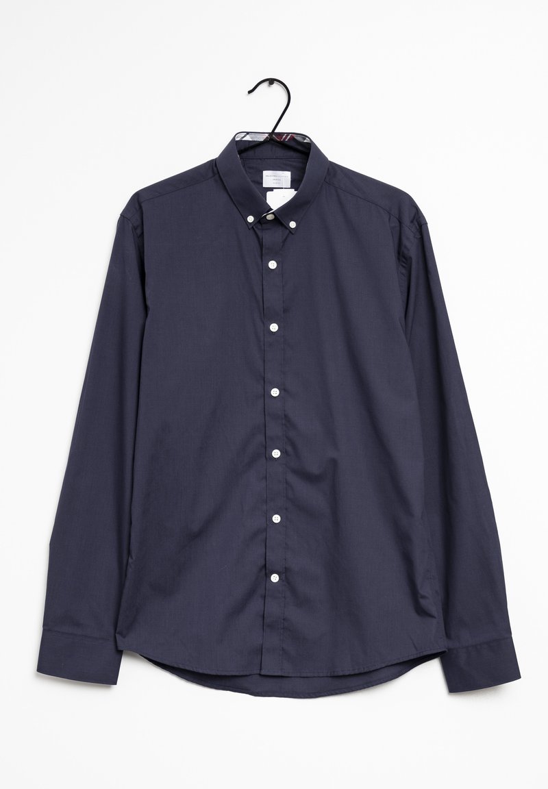 Navy blue long-sleeve shirt on a hanger, featuring a button-down collar, white buttons, and a smooth cotton-like texture.