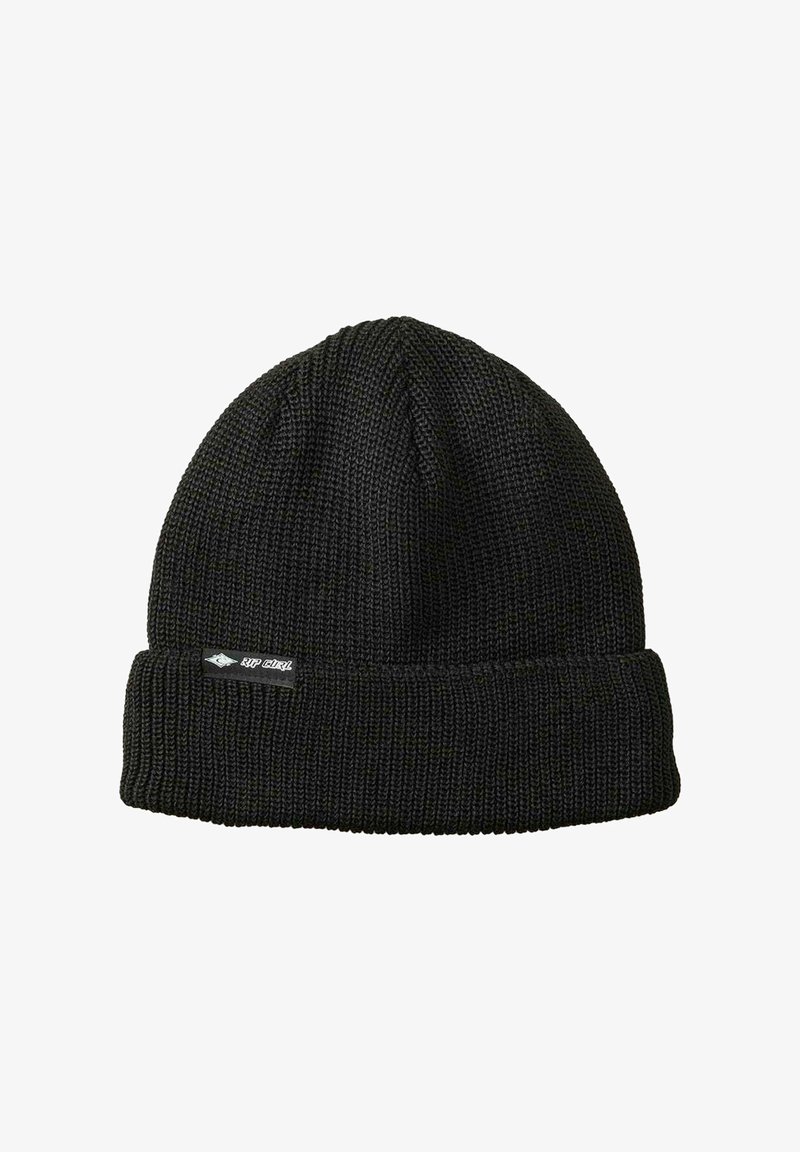 Schwarze Strickmütze mit gefaltetem Bündchen. Verfügt über ein strukturiertes, geripptes Gewebe und ein kleines Etikett an der Seite. Die organische Form passt sich dem Kopf an.