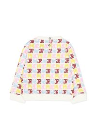 Wielokolorowy sweter z geometrycznym wzorem logo w kolorach czerwonym, różowym, żółtym i niebieskim. Miękki materiał z prążkowanymi mankietami i wykończeniem przy dekolcie.